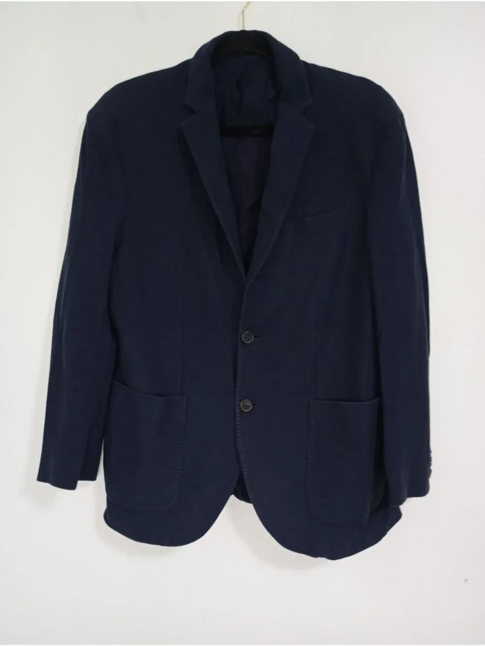 Massimo Dutti Men's Navy Blue Cotton Blazer With Notch Lapel & Button Closure